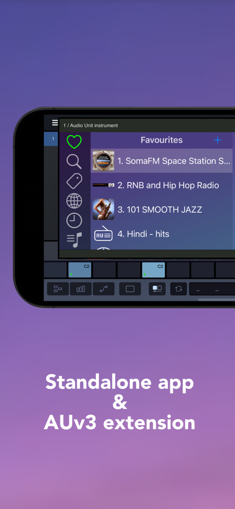 Radio Unit - Interfaz de la aplicación Radio Unit que muestra la lista de favoritos y la etiqueta de extensión AUv3