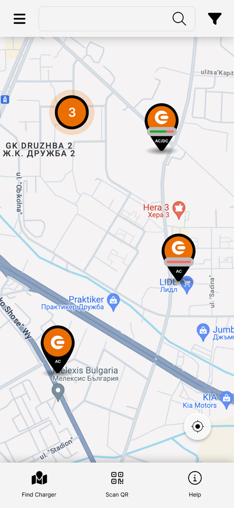 Map interface of the Electrocharge app showing electric vehicle charging station locations and availability