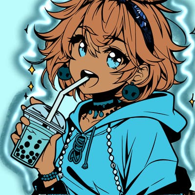 hot baddie anime girl drinking boba and biting the straw