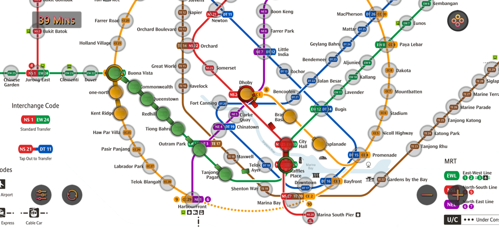 A detailed interface of the Singapore MRT map showing various subway lines and travel time estimation