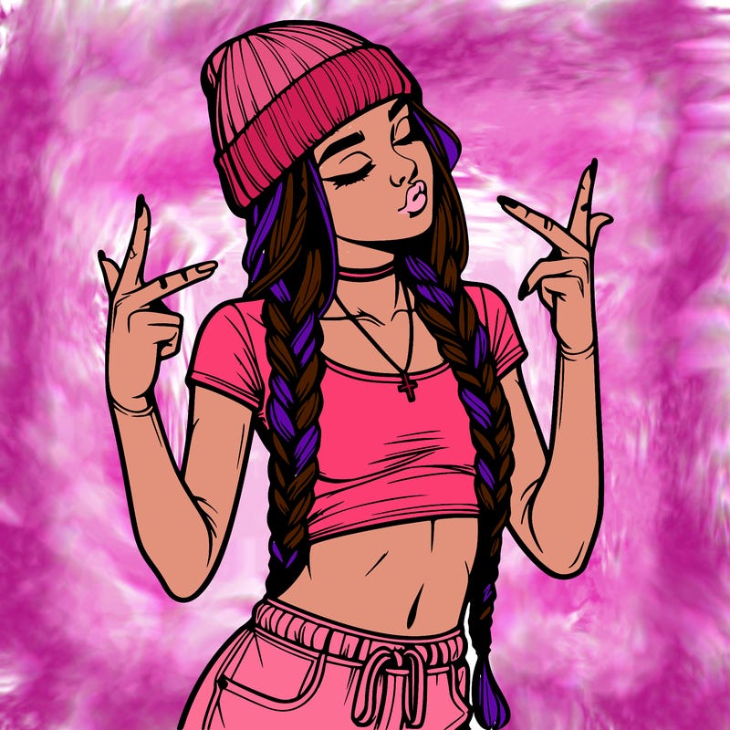 realistic teenage girl with braids and a beanie and crop top doing 🫶🏼
