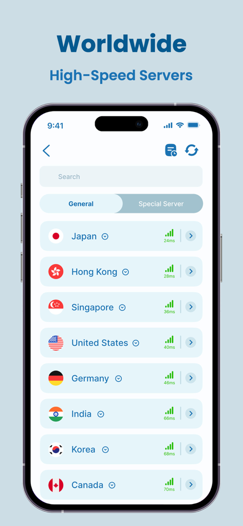 VPN-App-Bildschirm, der eine Liste von globalen Hochgeschwindigkeitsservern mit Verbindungs-Latenzzeiten anzeigt