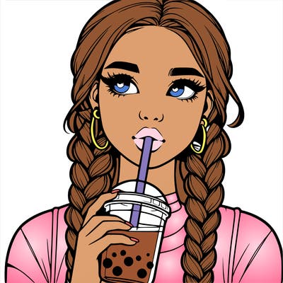 realistic girl with braided hair drinking boba