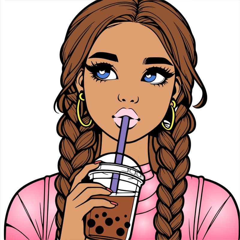 realistic girl with braided hair drinking boba