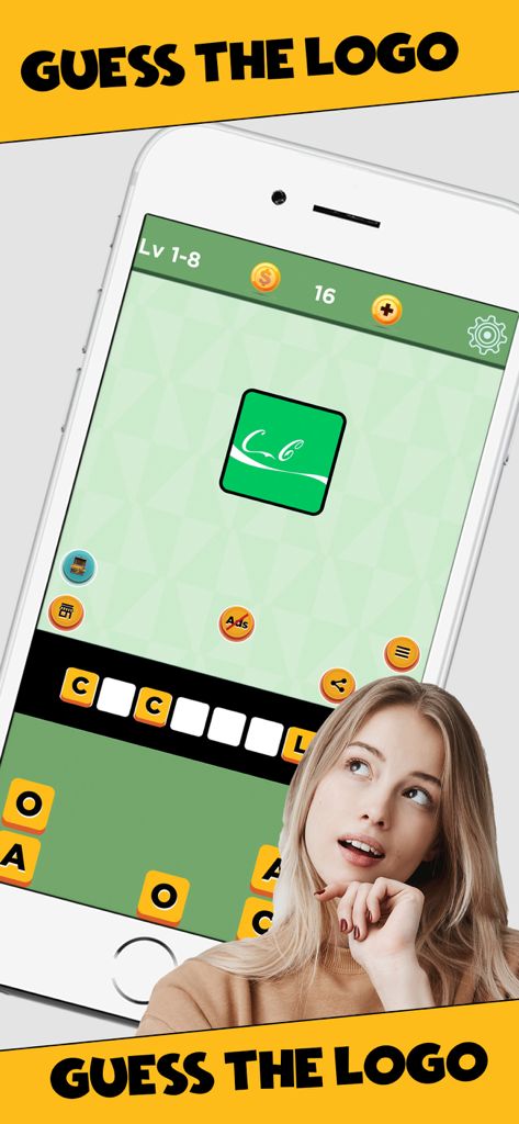 Guess the Pictures - Logo Quiz - Mobile gameplay of Guess the Pictures Logo Quiz showing a brand logo challenge with a thinking woman.