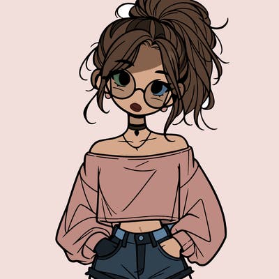 girl with a messy ponytail glasses a baggy crop top and jean shorts