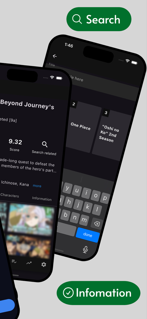 AnimeGO: Anime Search/Notify! - 인기 있는 제목이 있는 검색 화면과 등급 및 캐릭터 세부 정보가 포함된 자세한 애니메이션 정보 페이지를 보여주는 AnimeGO의 모바일 앱 인터페이스.