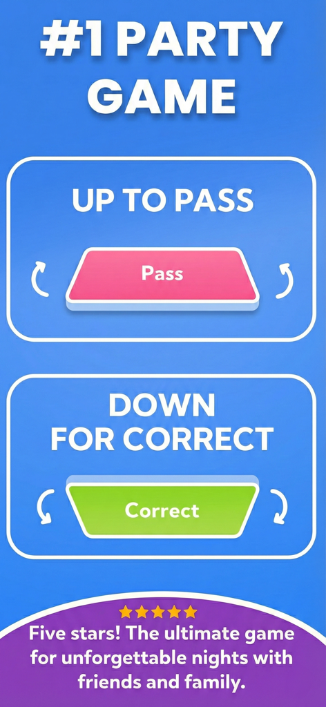 Guess Who: Charades & Trivia - Pantalla de juego de Guess Who mostrando instrucciones para inclinar el teléfono hacia arriba para pasar o hacia abajo para una suposición correcta con una reseña de cinco estrellas en la parte inferior.