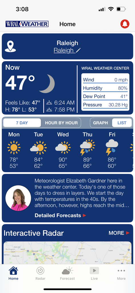 WRAL Weather - Smartphone screen showing the WRAL Weather app home page with current conditions and local forecast for Raleigh