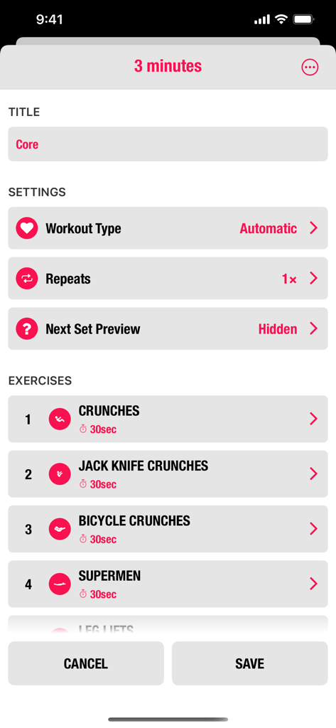Interface of the Streaks Workout app showing customization settings for a three minute core routine with exercises like crunches and supermen