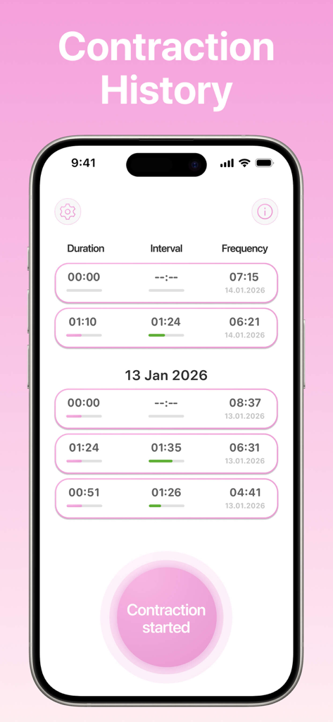 Contraction Timer Tracker . - Una pantalla de aplicación móvil que muestra un registro histórico detallado de contracciones de parto con datos de duración e intensidad