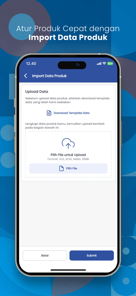 FibrPOS - Aplikasi Kasir Plus - The FibrPOS mobile application interface showing the screen to import product data through file upload