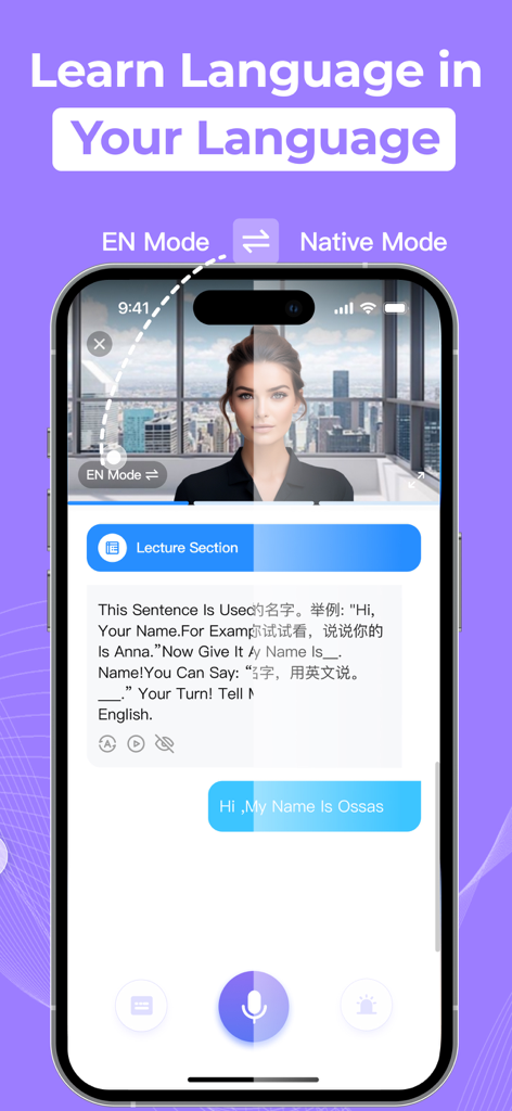Talkora：Fun Language Learning - Smartphone screen showing the Talkora app interface with dual language learning mode and an AI avatar tutor