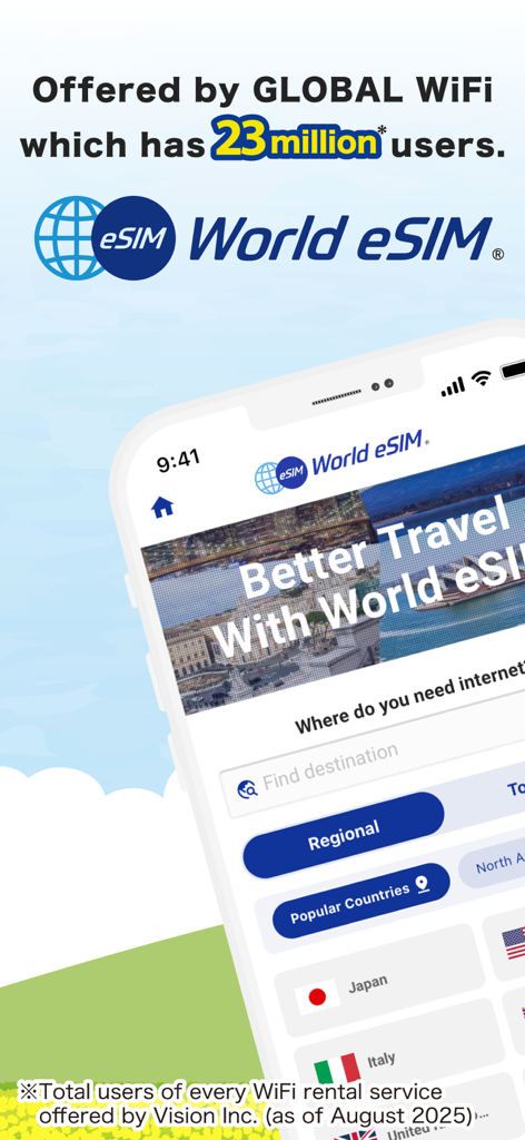 Startbildschirm der World eSIM App mit globalen Reise-Datentarifen und Suchoptionen für Reiseziele.