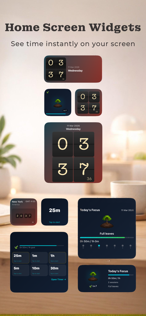 A variety of aesthetic flip clock and productivity widgets on an iPhone home screen