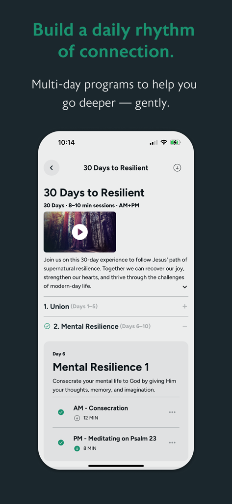 Pause: Prayer & Meditation - Pause app interface showing the 30 Days to Resilient guided meditation program with AM and PM sessions