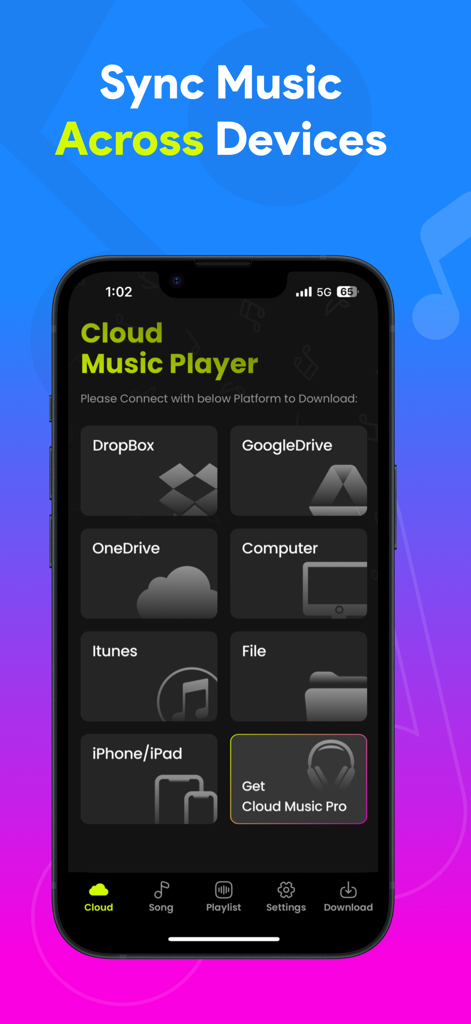 Interface de l'application Lecteur hors ligne affichant les options de synchronisation musicale depuis Dropbox, Google Drive et OneDrive