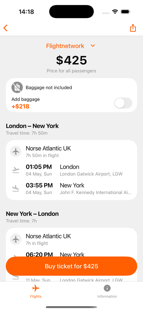 Mobile app interface showing a cheap flight from London to New York for 425 dollars