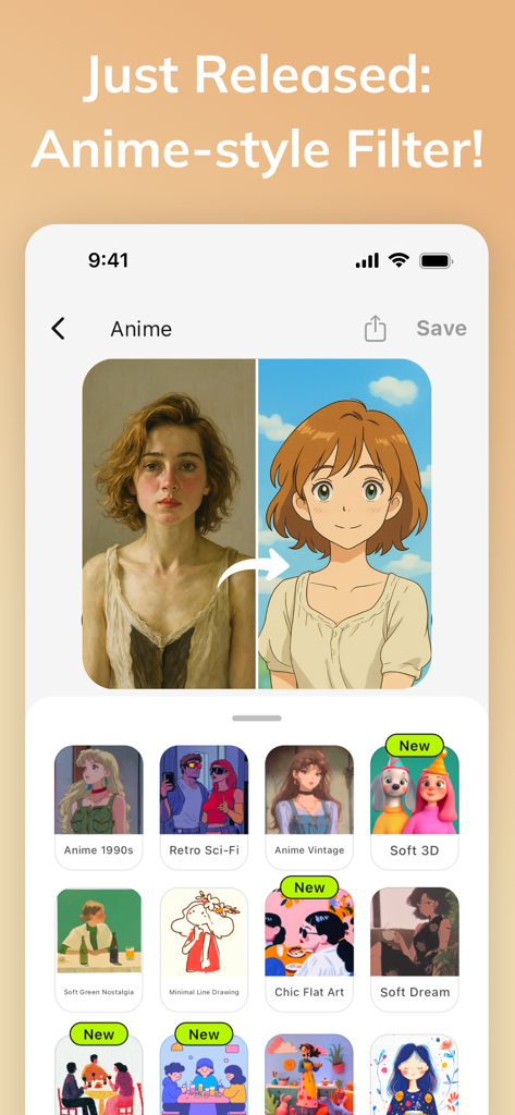 Side-by-side comparison of a portrait and its anime version using AI Gahaku art filters