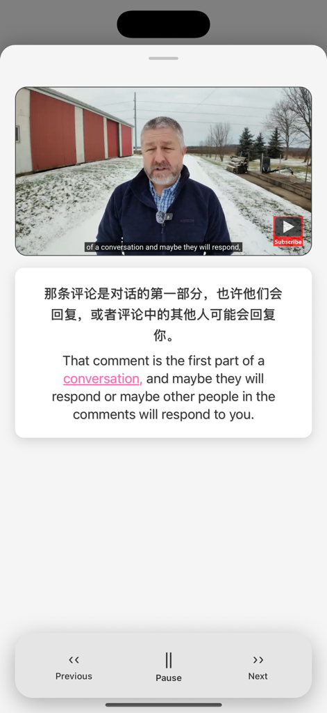 Dual Subtitles for YouTube - A mobile interface of Dual Subtitles for YouTube showing a video with simultaneous Chinese and English subtitles
