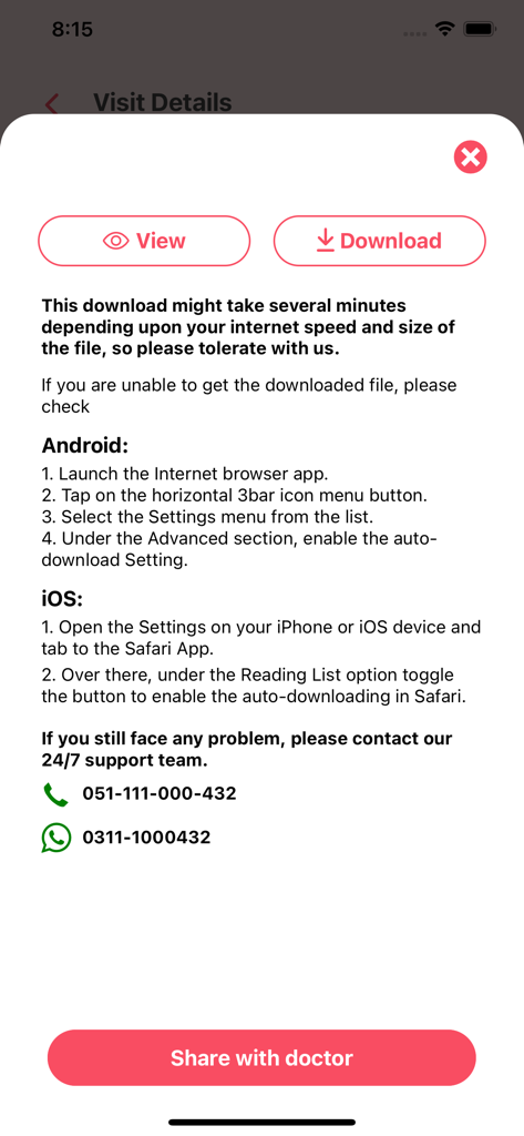 My IDC - My IDC app visit details screen with options to view download and share medical reports