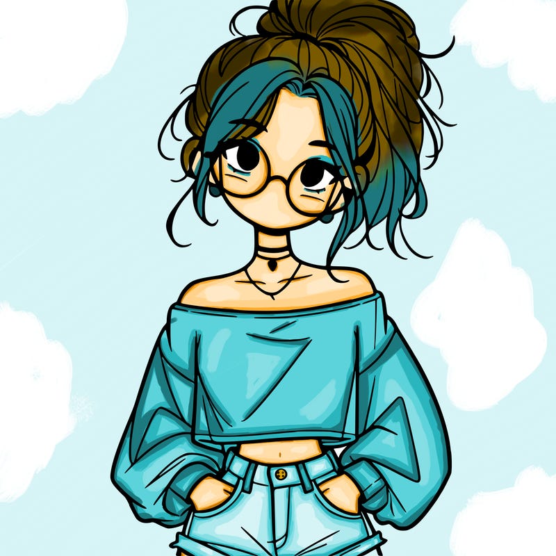 girl with a messy ponytail glasses a baggy crop top and jean shorts