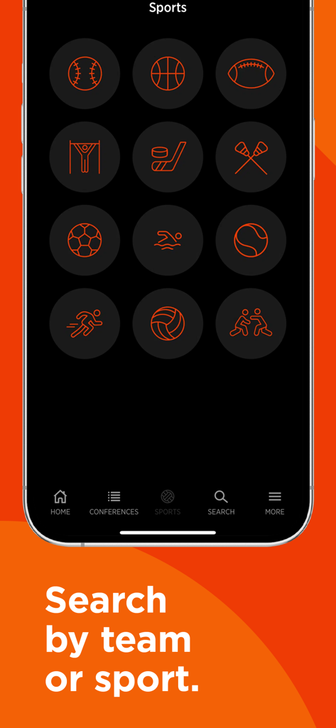 Midco Sports Plus mobile app screen showing a grid of sports icons including basketball, hockey, and football for easy navigation.