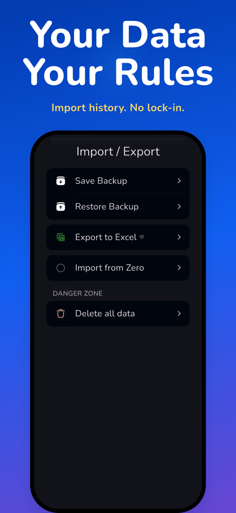 Fasting Tracker app screen showing data import and export options including backup restore and Excel export