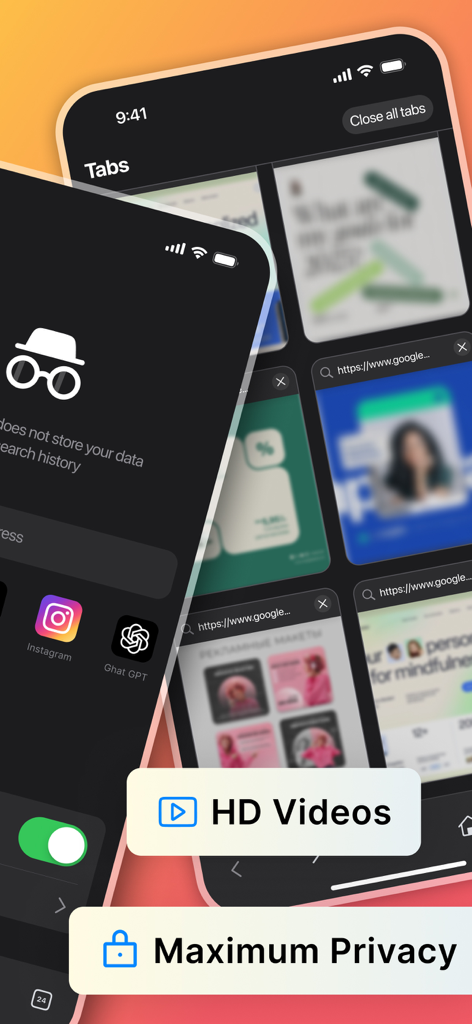 Dark Web Browser - VPN Proxy - Interface of a private mobile browser showing multiple open tabs with a maximum privacy label