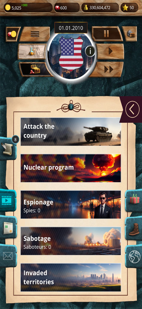MA 1 – President Simulator - Military strategy and espionage menu in the MA 1 President Simulator game showing options for war and nuclear programs
