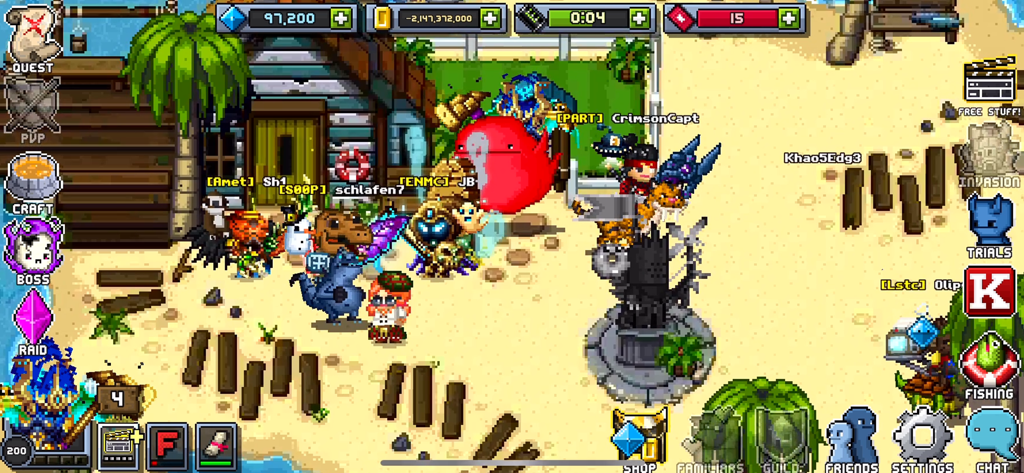 The pixel art beach town hub in Bit Heroes Quest showing various characters and menu icons