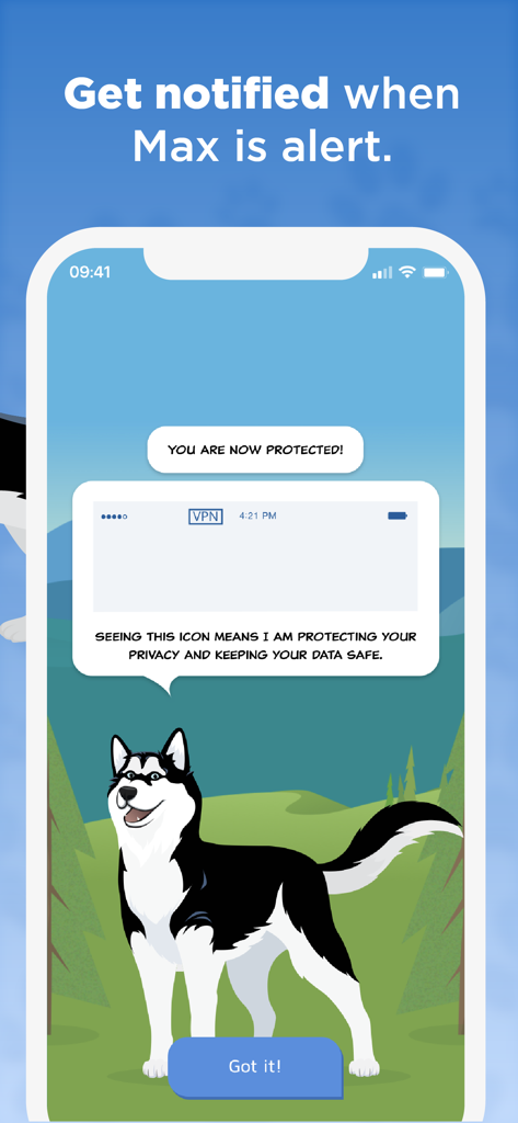 Phone Guardian Safe Mobile VPN - Una captura de pantalla de la aplicación Phone Guardian que muestra a Max el Husky explicando el icono de estado de protección de VPN en un smartphone.