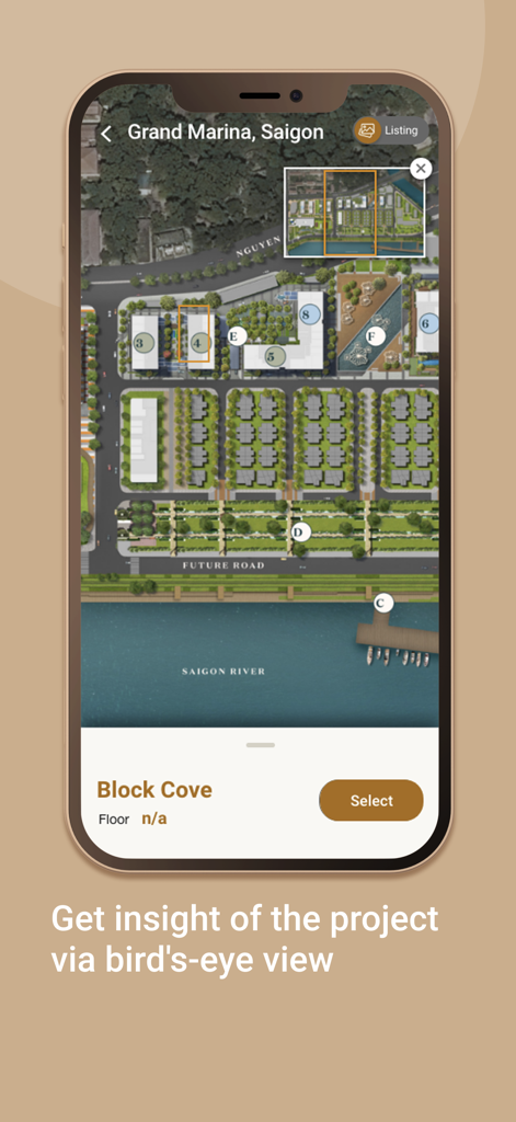 Vista de pájaro del proyecto Grand Marina Saigon en la aplicación Masterise Homes