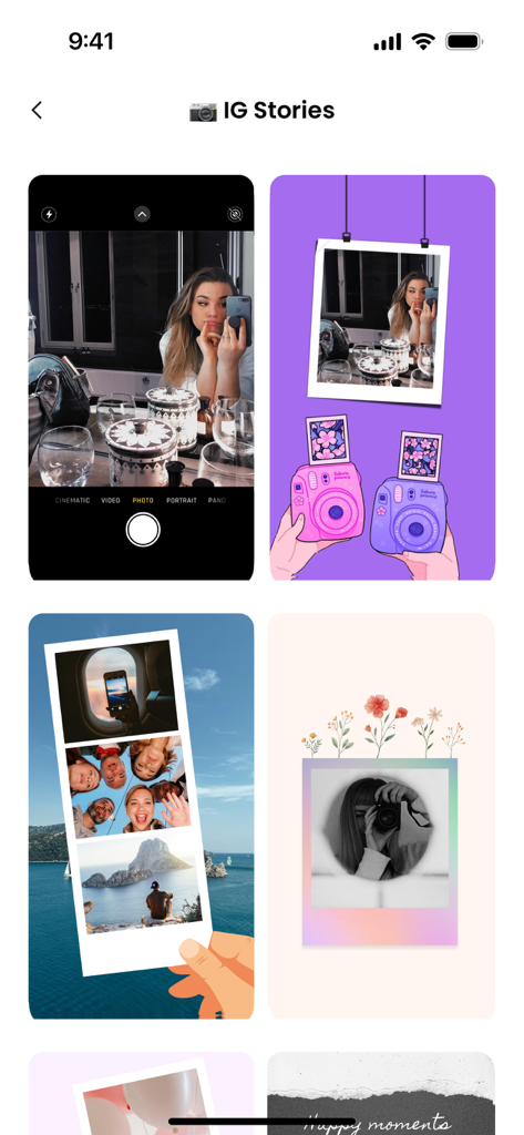 A collection of artistic and minimalist Instagram Stories collage templates with polaroid and floral styles.