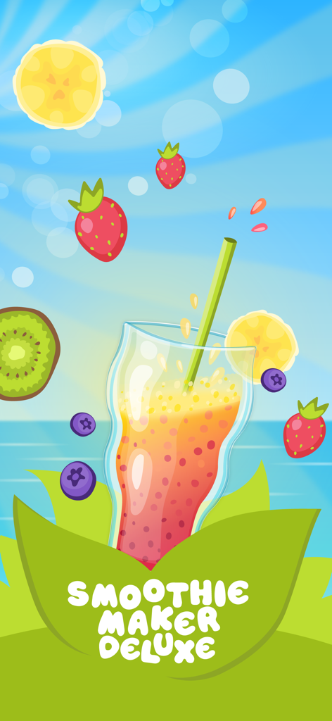 Smoothie Maker Deluxe - A colorful glass of layered smoothie with a straw surrounded by floating fruit slices like bananas and strawberries