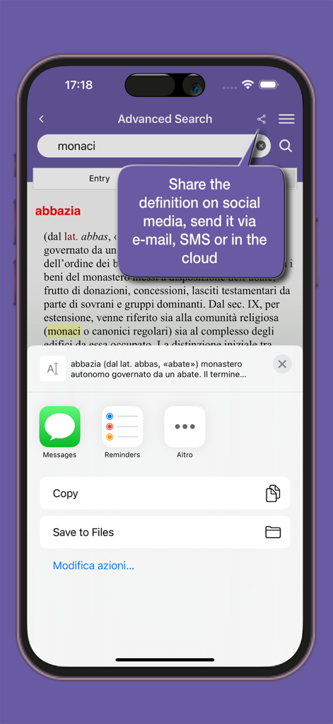 Search results and sharing options for a historical definition in the Garzantine Medioevo app.