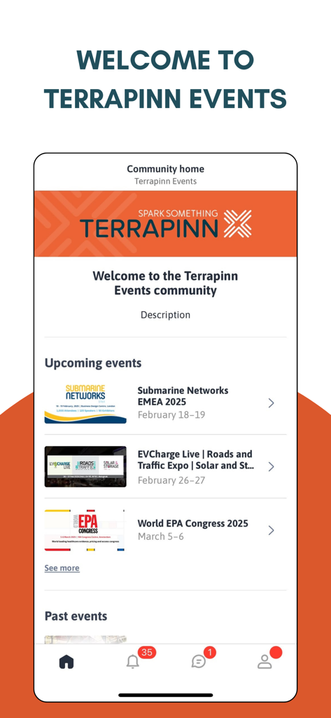 Terrapinn Events - The home screen of the Terrapinn Events app displaying a list of upcoming business conferences such as Submarine Networks EMEA and World EPA Congress.