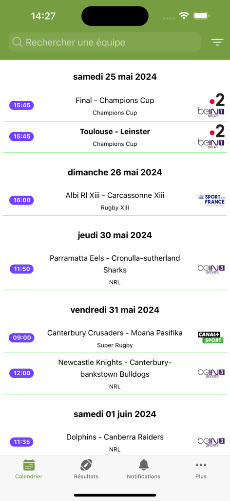 RugbyToWatch app interface displaying a calendar of upcoming rugby matches with broadcasting channels and times.