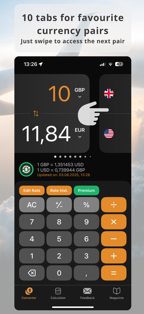 Mobile app screen showing the swipe feature to navigate between ten favorite currency pairs