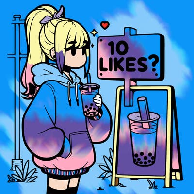 girl with oversized hoodie drinking boba and she has a high ponytail with a sign that says 10likes?