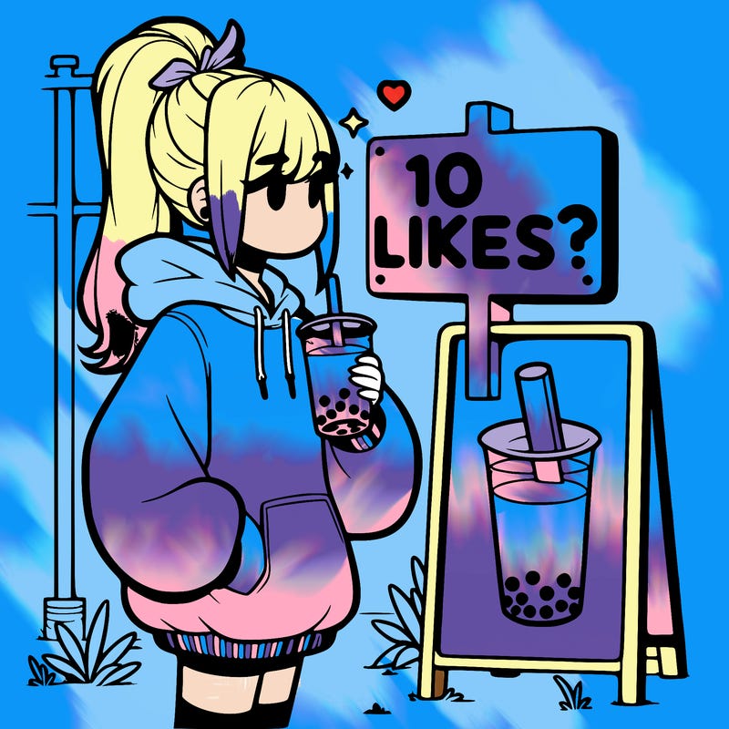 girl with oversized hoodie drinking boba and she has a high ponytail with a sign that says 10likes?