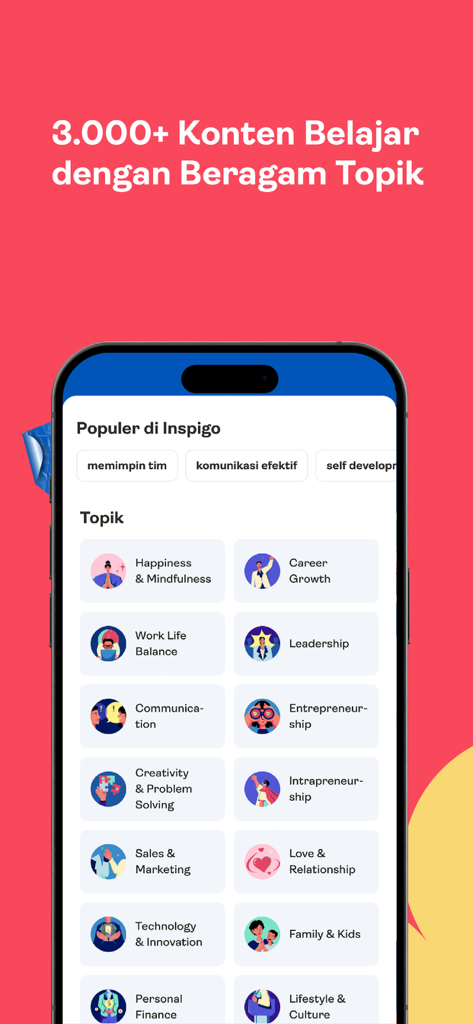 Inspigo Learning Experience - Inspigo app interface showing various learning topics like leadership career growth and mindfulness