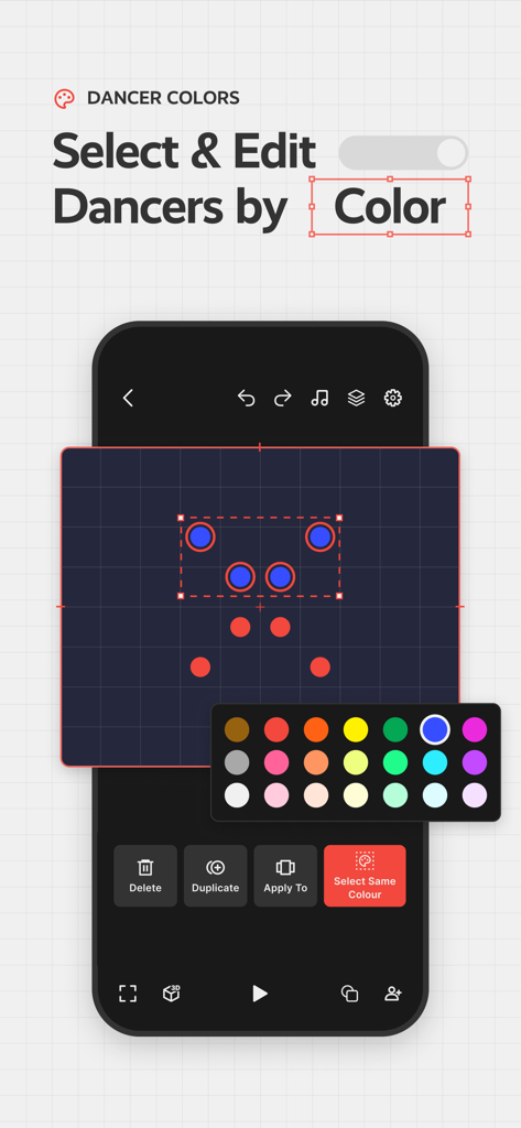 Interface of Choreographic app showing selection and editing of dancers by color on a virtual stage grid