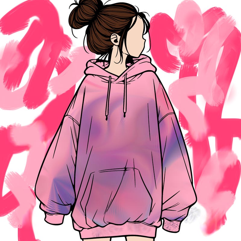 realistic girl with a oversized sweatshirt on and a bun