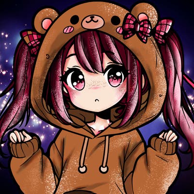 cute anime girl with ponytails and a cute bear hoodie
