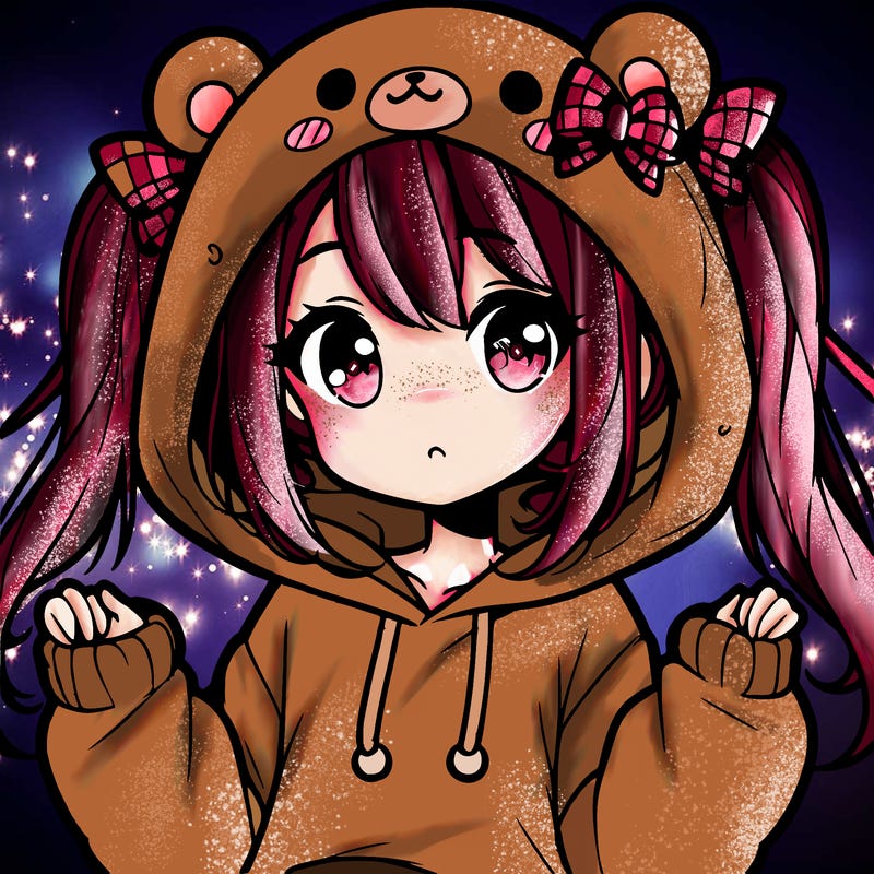 cute anime girl with ponytails and a cute bear hoodie