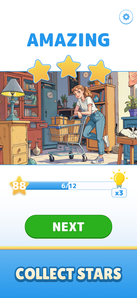 Find Master - Spot Differences - Schermata di completamento del livello di Find Master che mostra tre stelle e un'illustrazione di una donna con un carrello della spesa