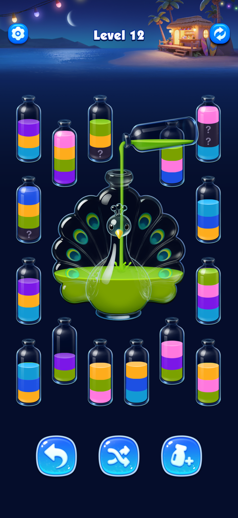 Uma captura de tela do jogo Water Sort 3D mostrando líquido colorido sendo despejado em uma garrafa em forma de pavão em uma praia à noite