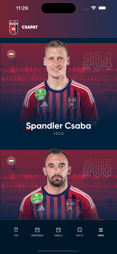 Vidi app - Screenshot of the Vidi app showing the Fehérvár FC team section with profiles and photos of players like Spandler Csaba.