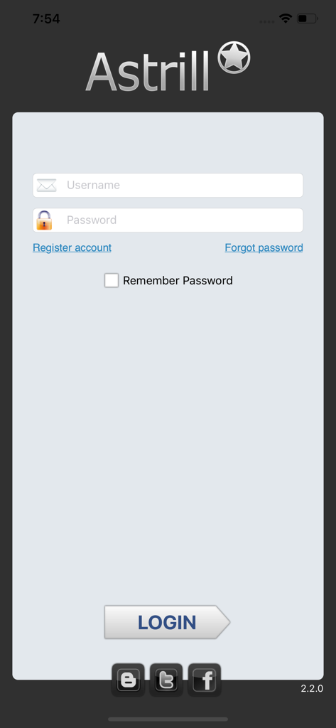 Astrill VPN Client - Interfaz de inicio de sesión del cliente Astrill VPN con campos de entrada de nombre de usuario y contraseña.